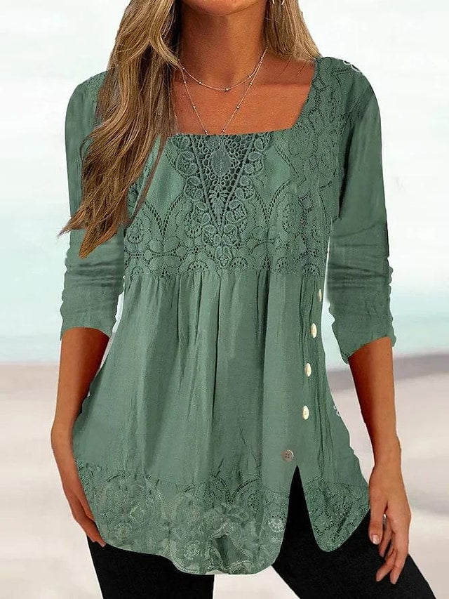 Women's Shirt Blouse Pink Dark Green Gray Plain Lace Long Sleeve – querrj